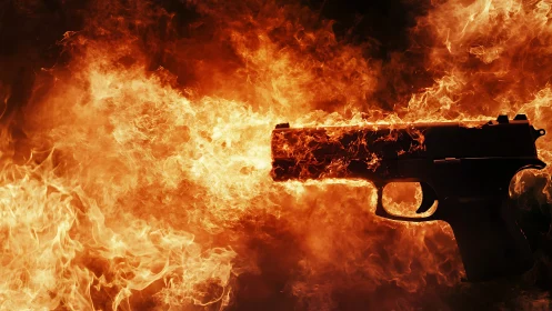 Silhouetted Semiautomatic Pistol Engulfed in Turbulent Photorealistic Flame Environment