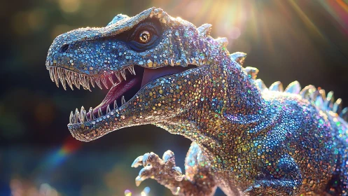 Iridescent mosaic tyrannosaur sculpture under lens flare light