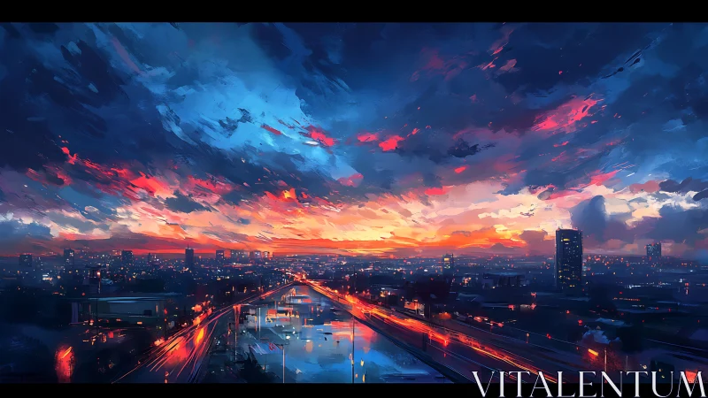 Urban skyline and roadway under dense sunset cloud cover.