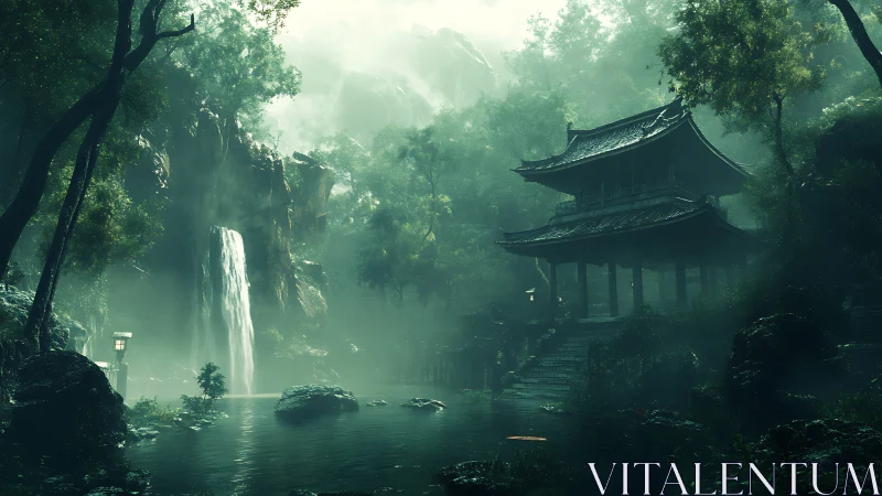 Misty mountain pavilion beside cascading forest waterfall.