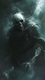 Spectral skeletal reaper emerges through swirling abyssal mist.
