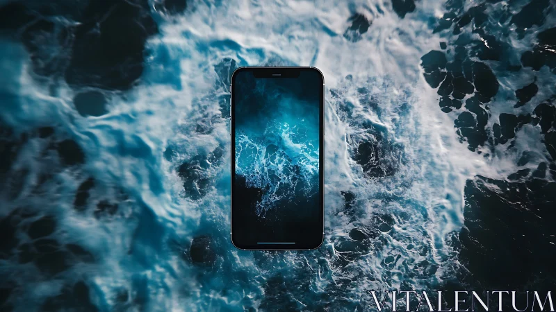 Smartphone floats over stormy teal ocean in dramatic view