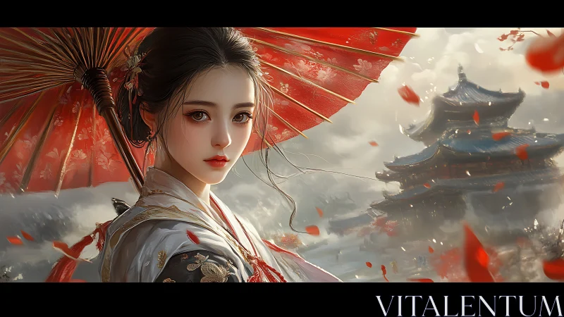 Elegant geisha gazes past crimson umbrella in misty temple air