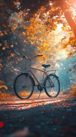 Bicycle positioned beneath autumn canopy with golden foliage and ethereal light.
