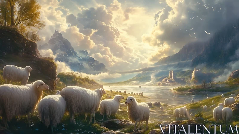 Sunlit sheep graze beside river under vast stormlit mountains