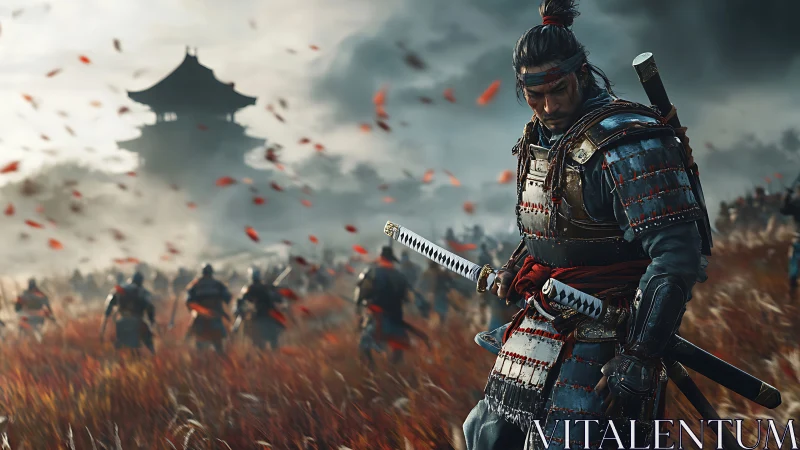 Armored samurai leader in battlefield of red grass storm