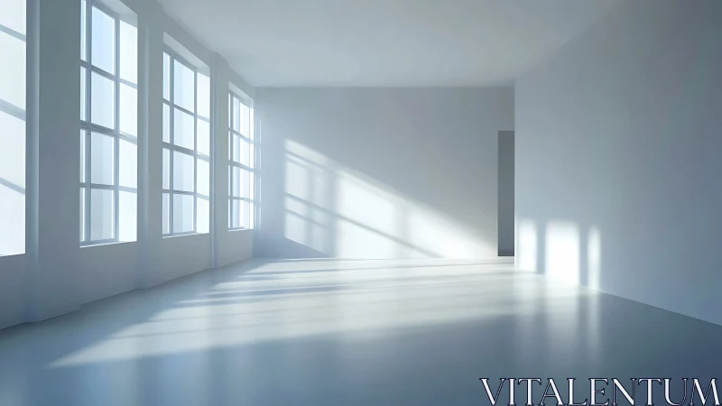 Sunlit minimal interior with tall grid windows in white room.