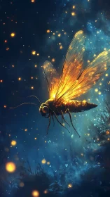Illuminated insect with glowing wings in dark forest night.