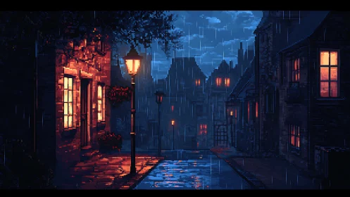 Pixel street scene with rain, warm windows and lampposts.