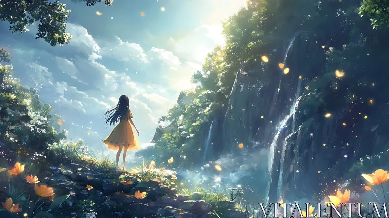 Girl in yellow dress beside luminous waterfall valley.