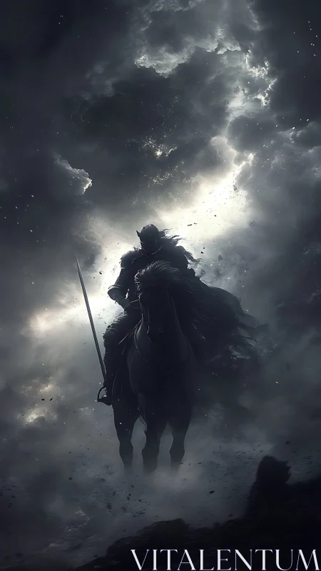 Dark fantasy rider in storm-lit chiaroscuro composition.