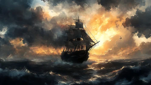 Sailing vessel on rough sea under dense storm cloud cover.