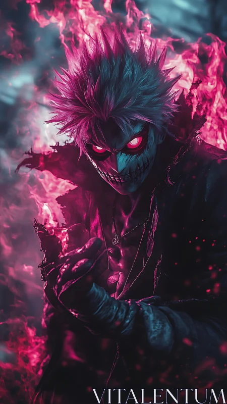 Masked demon warrior with pink flames and glowing eyes.