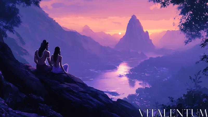 Twilight lovers watching a violet river kiss the sun.