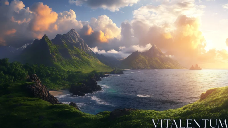 Verdant Mountains Rise from Ocean Depths at Golden Hour.