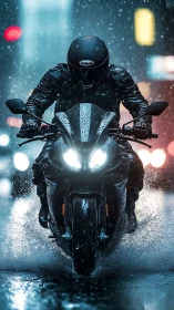 Motorcyclist cuts through neon city rain at night in motion.