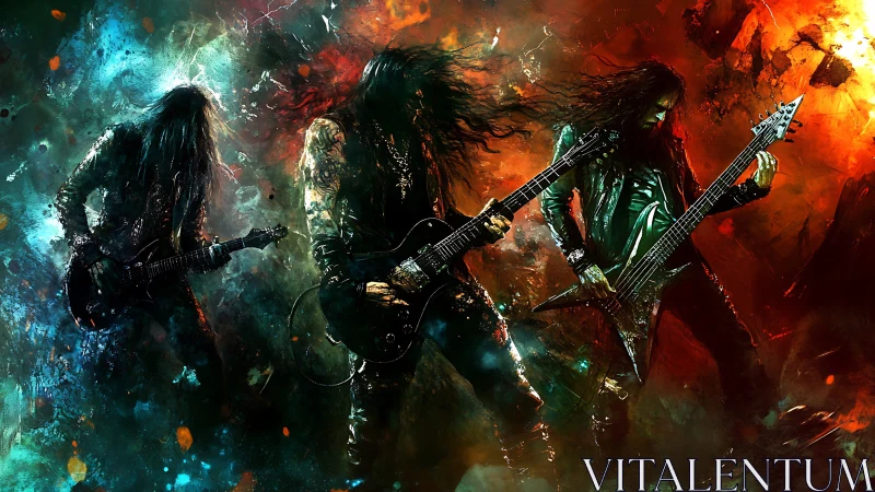 Three electric guitarists stand against abstract color fields