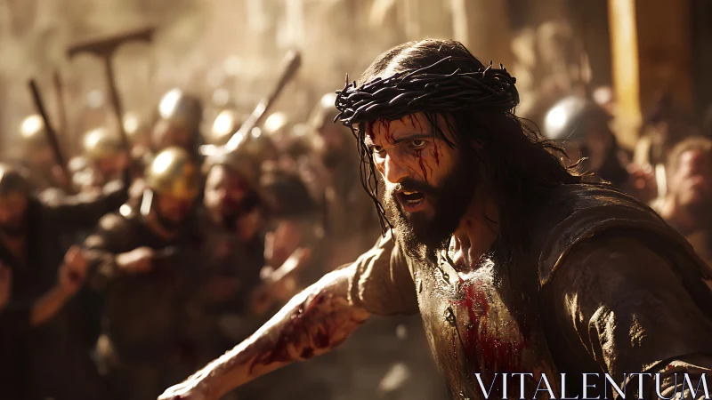 Crowned prisoner under assault in sunlit ancient street