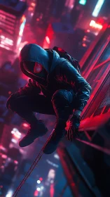 Neon-clad urban vigilante crouches above rainlit megacity skyline.
