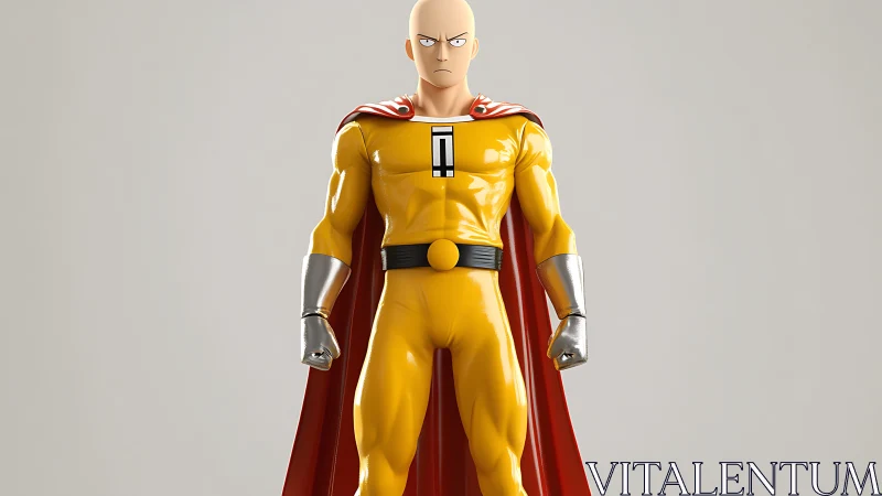 Bald superhero in yellow suit stands in rigid frontal pose