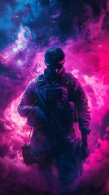 Neon storm cloaks a lone cyber soldier in glowing silence