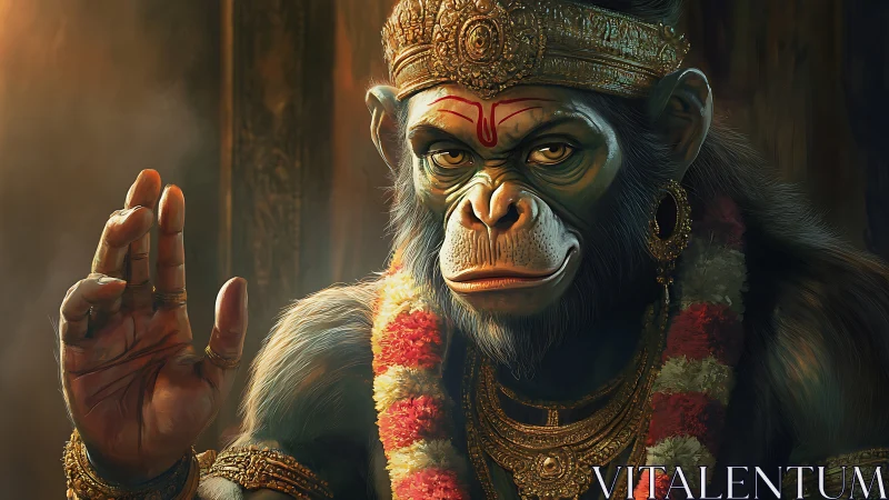 Simian deity figure with garland and raised hand gesture.