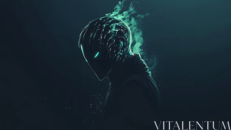 Neon-masked phantom emerges from darkness in teal fire.