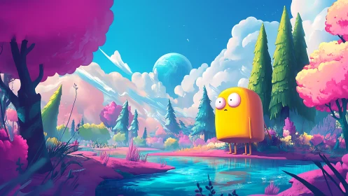 Yellow wanderer pauses by candy clouds in alien spring