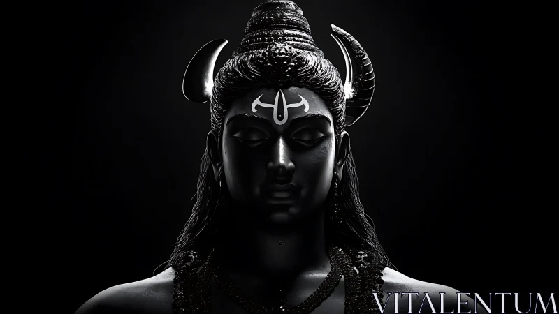 Divine black statue of Shiva under dramatic rim light.