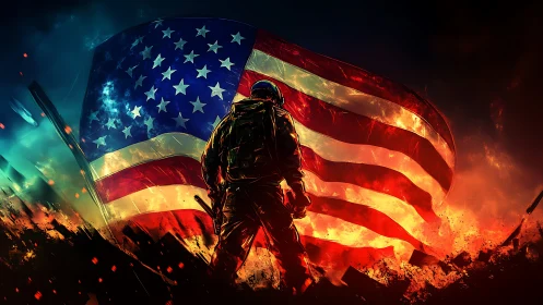 Backlit combat silhouette against turbulent American flag field.