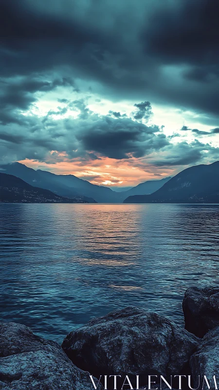Clouded sunset over distant mountains and calm lake surface.