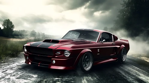 Stormy road muscle car, classic power wrapped in mist.