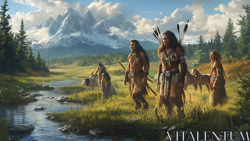 Indigenous hunters crossing alpine river under towering peaks.