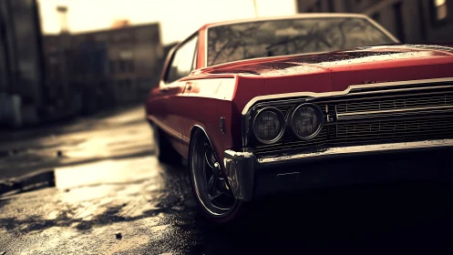 Red vintage muscle car close-up on wet urban street at dusk