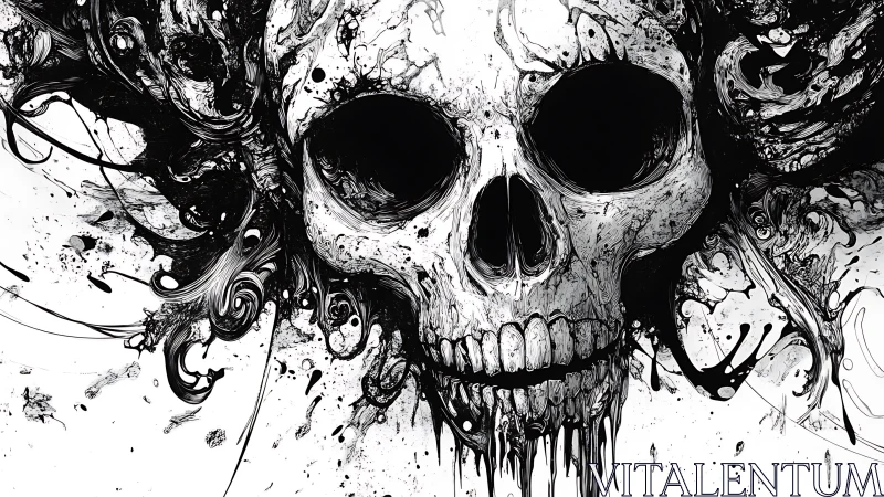 Monochrome skull dissolves into chaotic ink-splatter vortex
