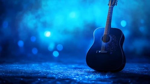 Blue acoustic guitar standing on reflective textured ground.