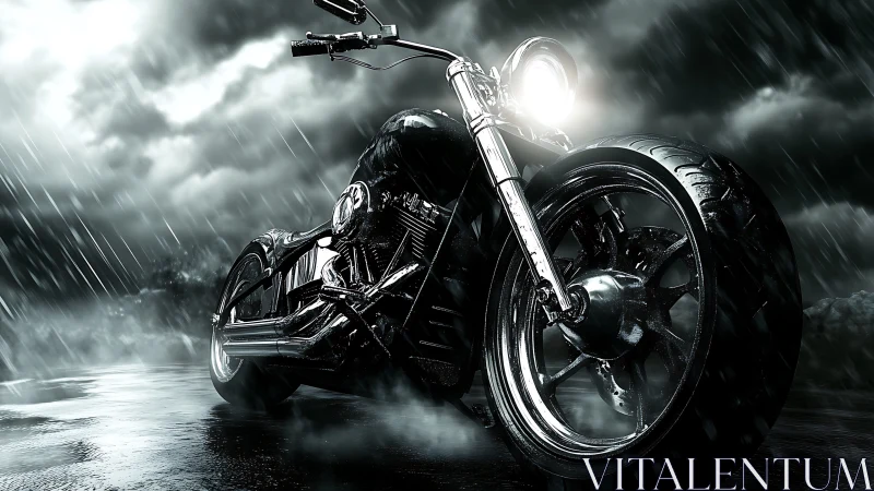 Motorcycle stands on wet reflective surface under rainfall