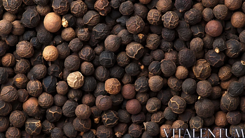 Whole black peppercorns fill frame with varied surface textures