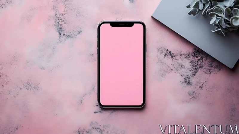 Smartphone with Pink Display on Textured Background.
