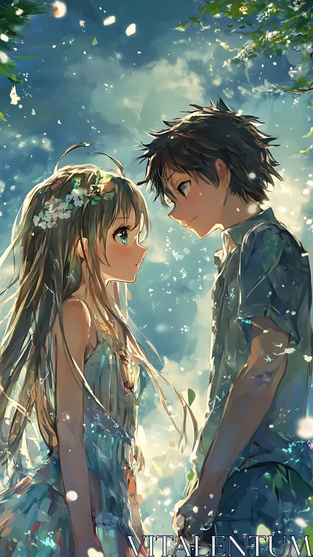 Summer backlit anime couple under bokeh-filled forest canopy