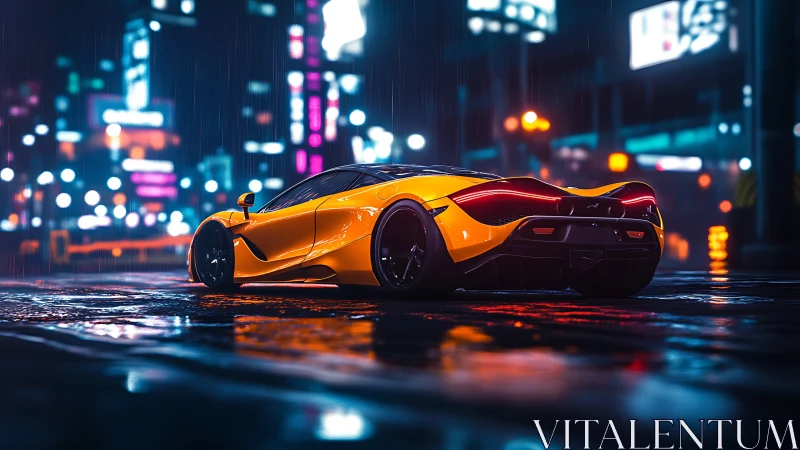 Yellow supercar sits on wet neon city street at night