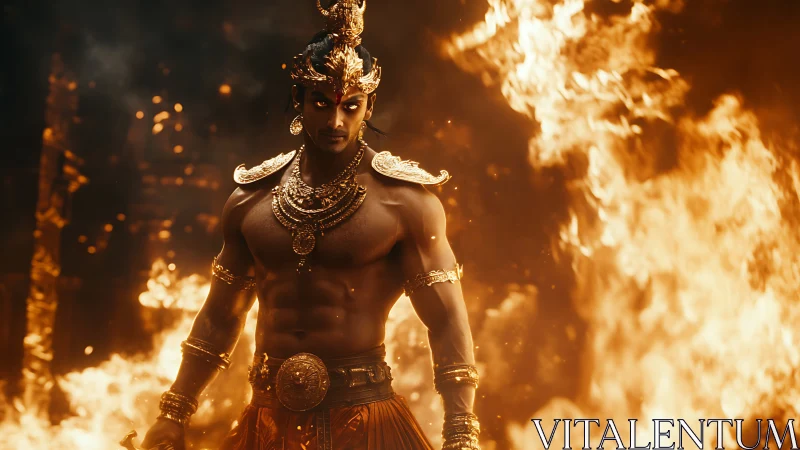 Mythic warrior in ornate armor before engulfing flames.