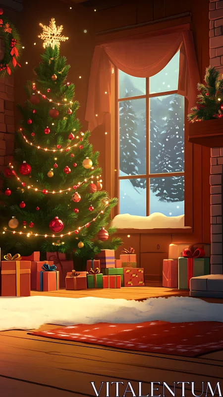 Warm holiday interior with decorated tree and snow view.