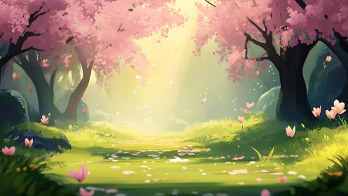 Enchanted Forest Glade with Cherry Blossoms and Luminous Stream.