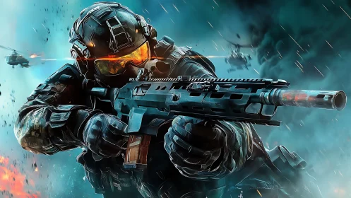 Armored infantryman aims modular assault rifle in dynamic battle scene