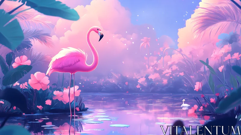 Pink flamingo stands by reflective pond in pastel jungle