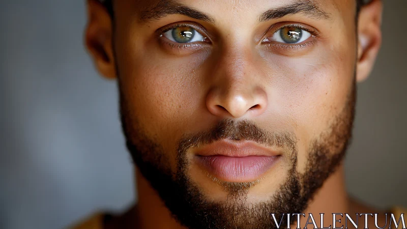 Male face close-up with neutral expression and beard detail.