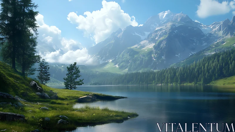 High dynamic range alpine lake with conifer forest and peaks