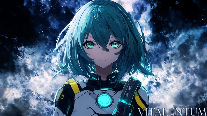 Starlit space pilot gazes ahead with calm, glowing resolve