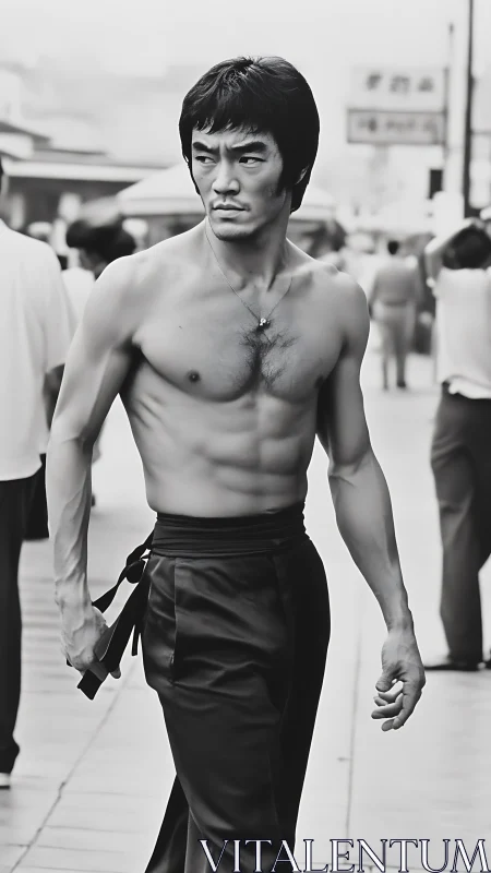 Martial artist strides through city street with steely focus